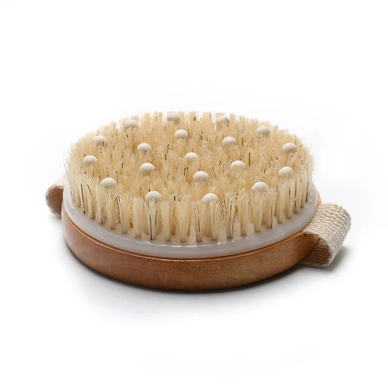 Private Label Natural Bristles Shower Body Scrubber Eco Friendly Dry Wooden Bathing Brush with Massage Beads Round Shape