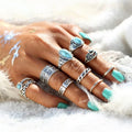 Wholesale Retro Silver Color 10 Pieces Heart Shaped Flower Charm Blue Turquoise Ring Set Women
