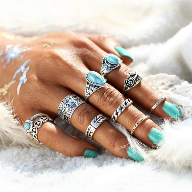 Wholesale Retro Silver Color 10 Pieces Heart Shaped Flower Charm Blue Turquoise Ring Set Women