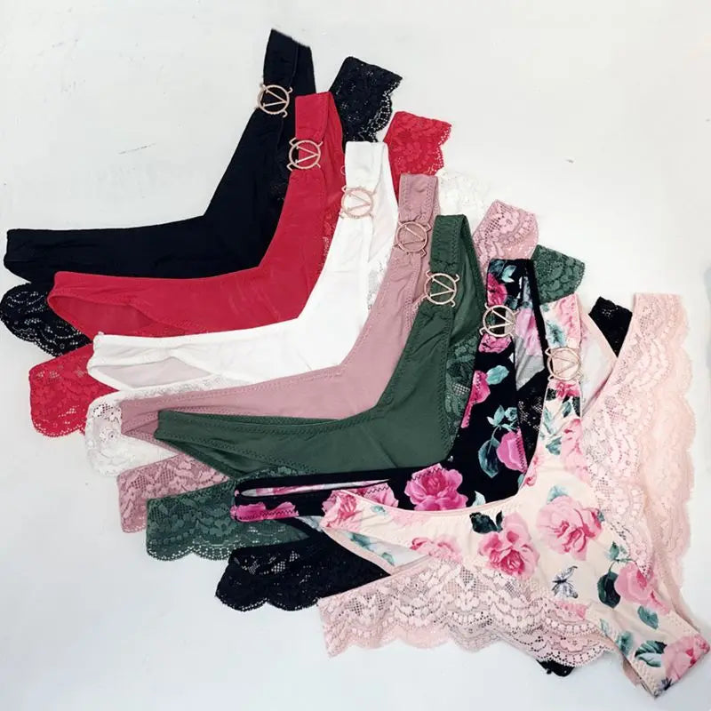 Wholesale Transparent Sheer Mesh Lace Panties Vintage Print Hollowed Out V Ring Buckle Bottoms Solid Color Woman Underwear