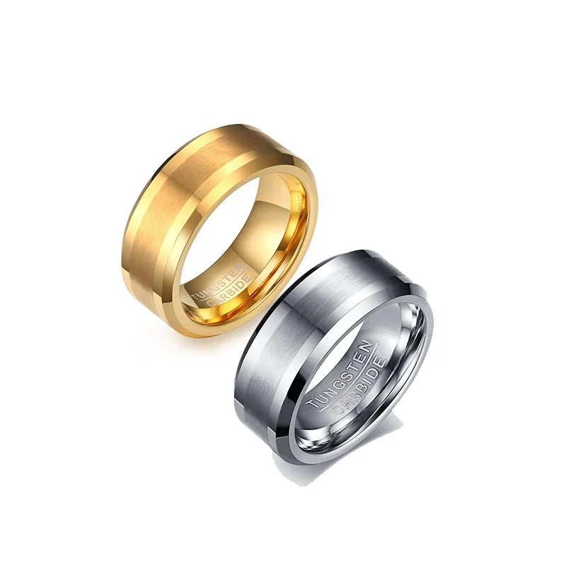 Poya 8mm Gold Plated Wedding Band Brushed Matte Center Polished Beveled Edge Tungsten Ring for Men