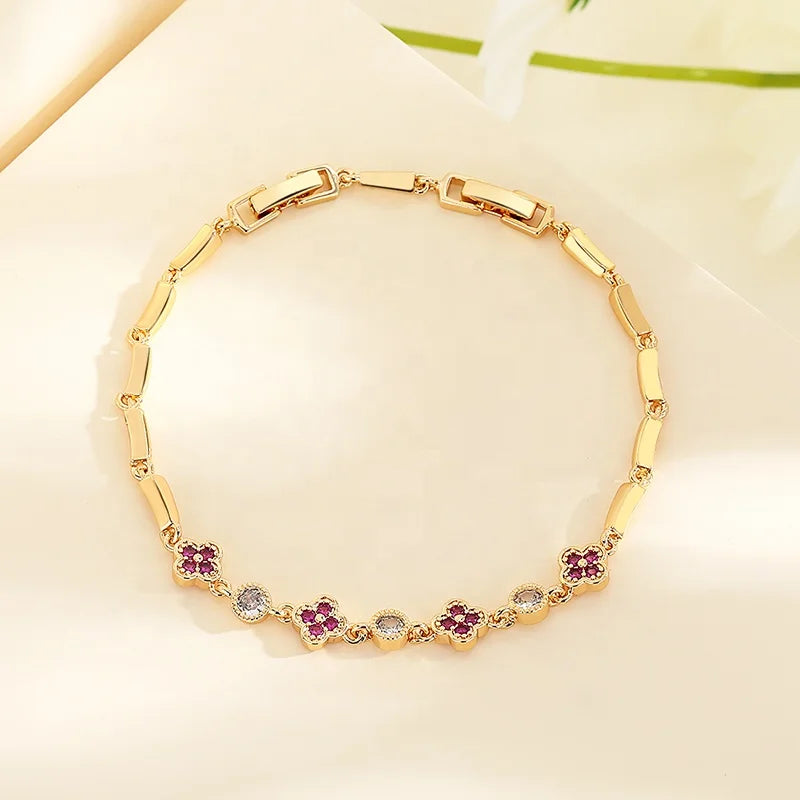 New Brass Design Girl Bracelets Women Purple Four-Leaf Clover 18K Gold Friendship Bracelet Ladies With Jewelry