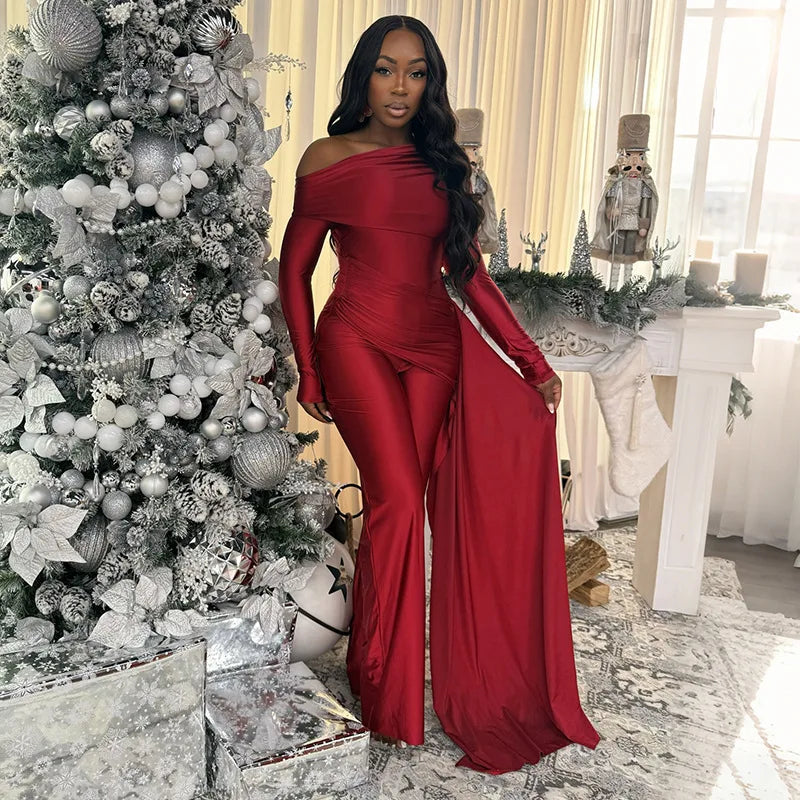 Spring New Arrival Women Sexy Long Sleeve Strapless Double Layer One Piece Jumpsuit Flare Pants Women Casual Jumpsuit