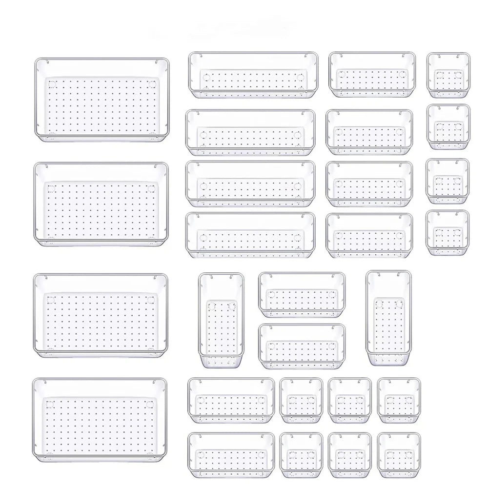 28pcs Multifunctional Clear Drawer Organizers Set Plastic Utensil Storage Box Storage Bins for Makeup/Jewelries/Bedroom/Office