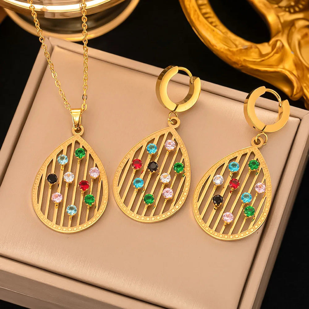 Wholesale Cheap Simple Luxury Zircon 18k Gold Plated Waterdrop Earring Necklace Jewelry Set for Women and Girls
