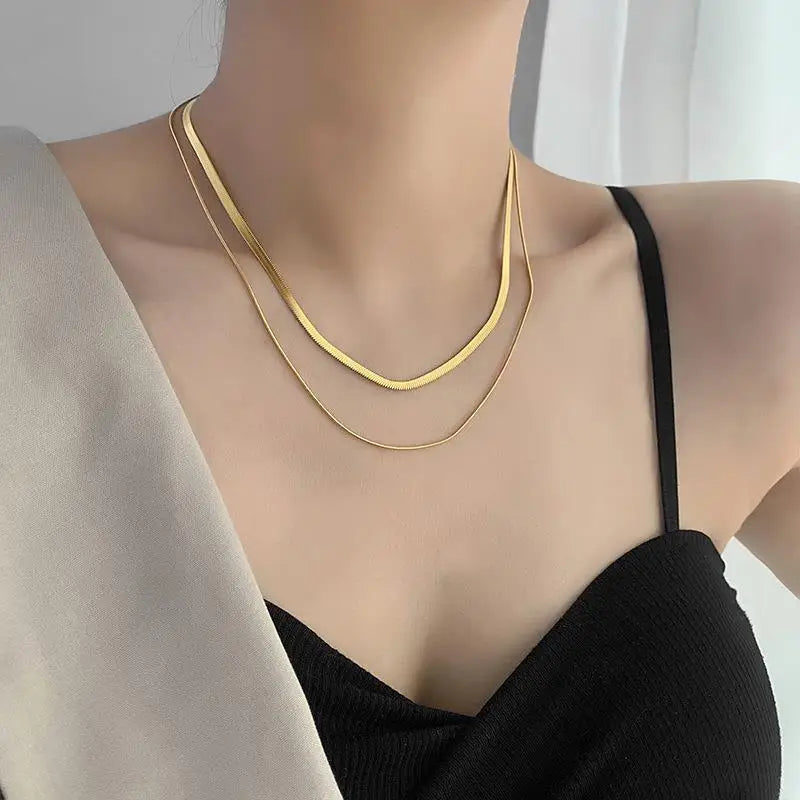 18K Plated Double Layer Choker Necklace Stainless Steel Snake Chain Necklace for Women Party Jewelry