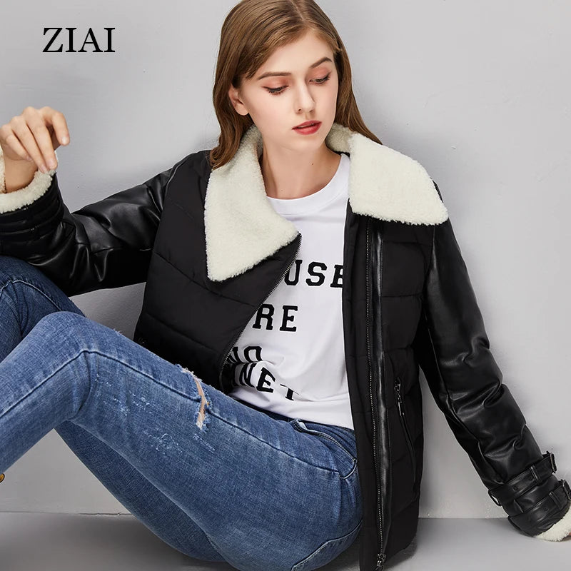 Good Quality Wholesale Black Puffer Jackets Fleece Thick Parka for Women Winter Custom Shearling Coat Leather Jackets