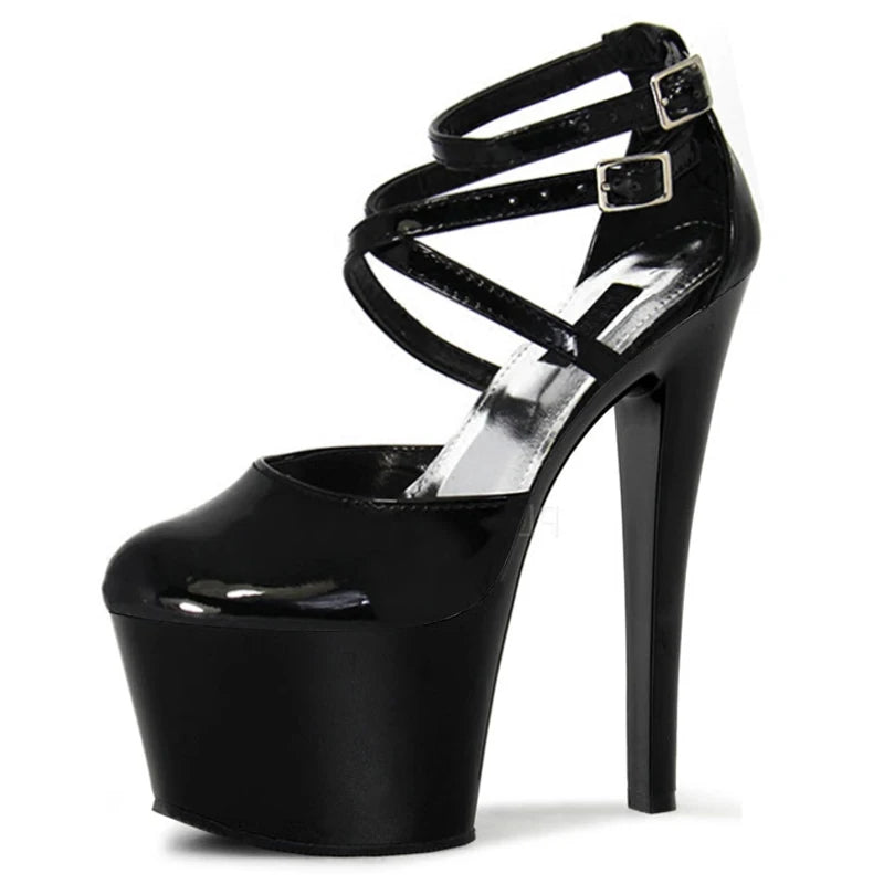 Black Round Head 17 cm Thin Heel Ultra-high Heel Platform Fashion Pole Dance Women's High Heels Fashion Large Shoes