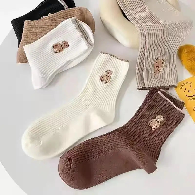 New Design Solid Color Embroidery Logo Cute Fashion Knit Crew Cartoon Bear Cotton Custom Sports Sock
