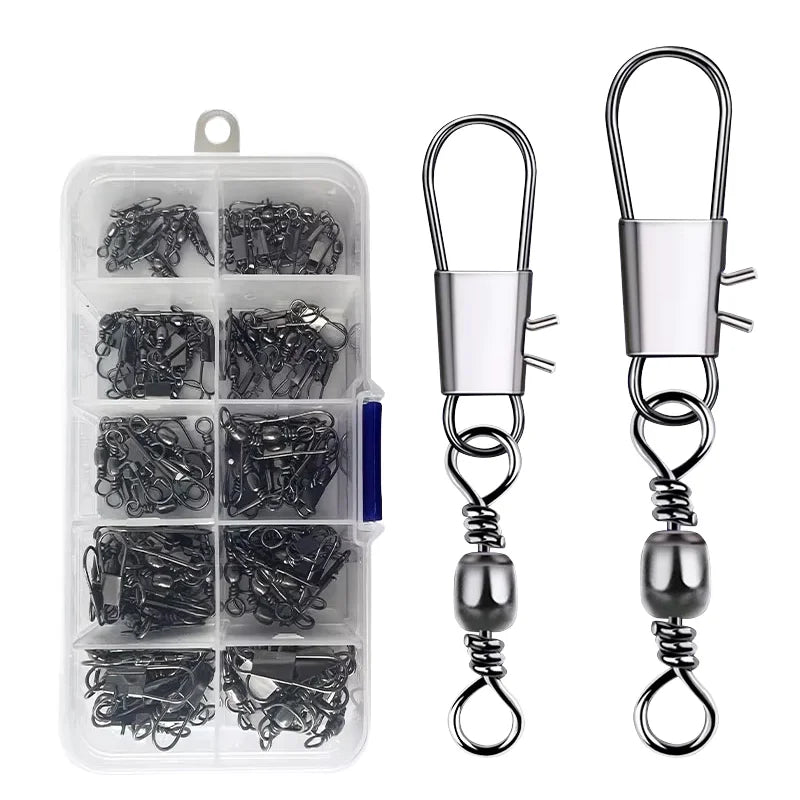 210pcs/box Lake Use Fishing Rolling Barrel Swivels with Stainless Steel Duo Lock Snap Connector Fishing Tackle