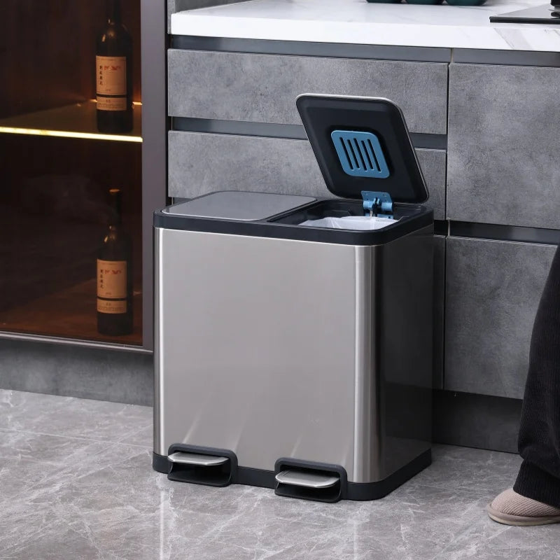 Intelli 50L Large Stainless Steel Rectangular Double Trash Can Household Waste Bins with Foot Pedal and Stand MegaBDM
