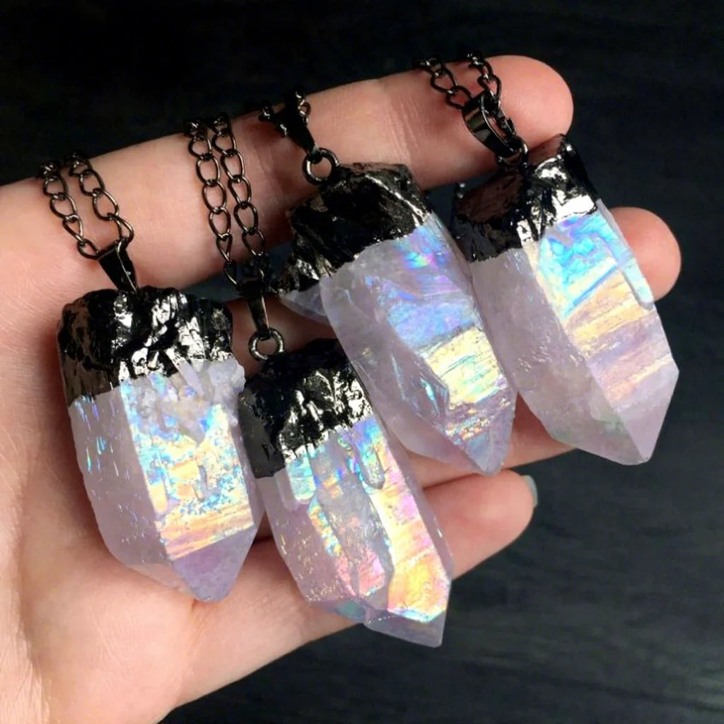 NM24537 Angel Aura Pastel Crystal Quartz Cluster Point Druzy Necklace Natural Raw Rough Dipped Gunmetal Rainbow Chains