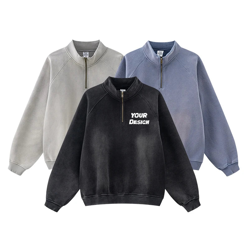 Wholesale Custom Logo Fleece Terry Long Sleeve Men's Pullover Sweatshirt with Half Zipper Embroidered Solid Pattern for Winter