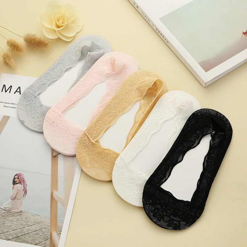Fashion Popular Spring Summer Transparent Lace Women Ankle Socks Boat Socks Girls Invisible Anti-Slip Knitted Cotton Lace Socks