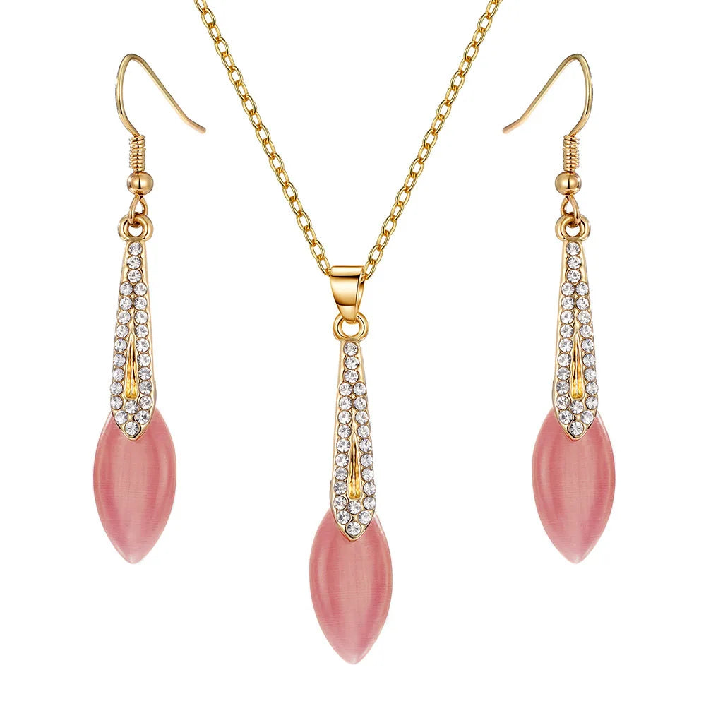 Bridal Wedding Jewelry Set for Women Fashion Rhinestone Opal Water Drop Pendant Necklace and Earring Set Wholesale