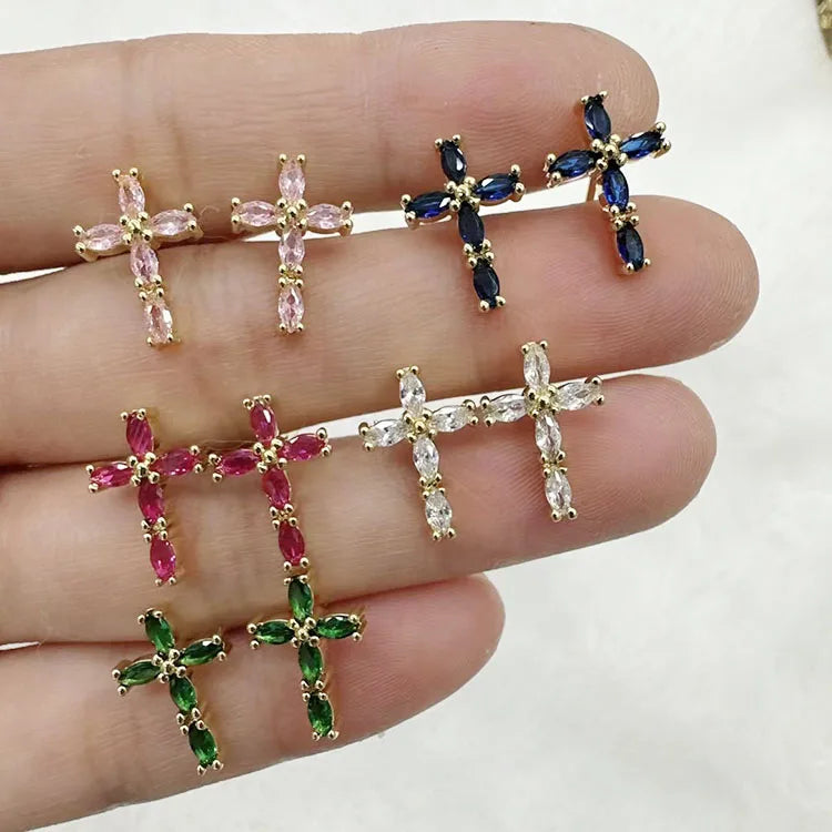 EC1811 Trendy Minimal Tiny Mini 18k Gold Plated CZ Micro Pave Cross Stud Earringsdainty Diamond Pave Cross Studs for Women
