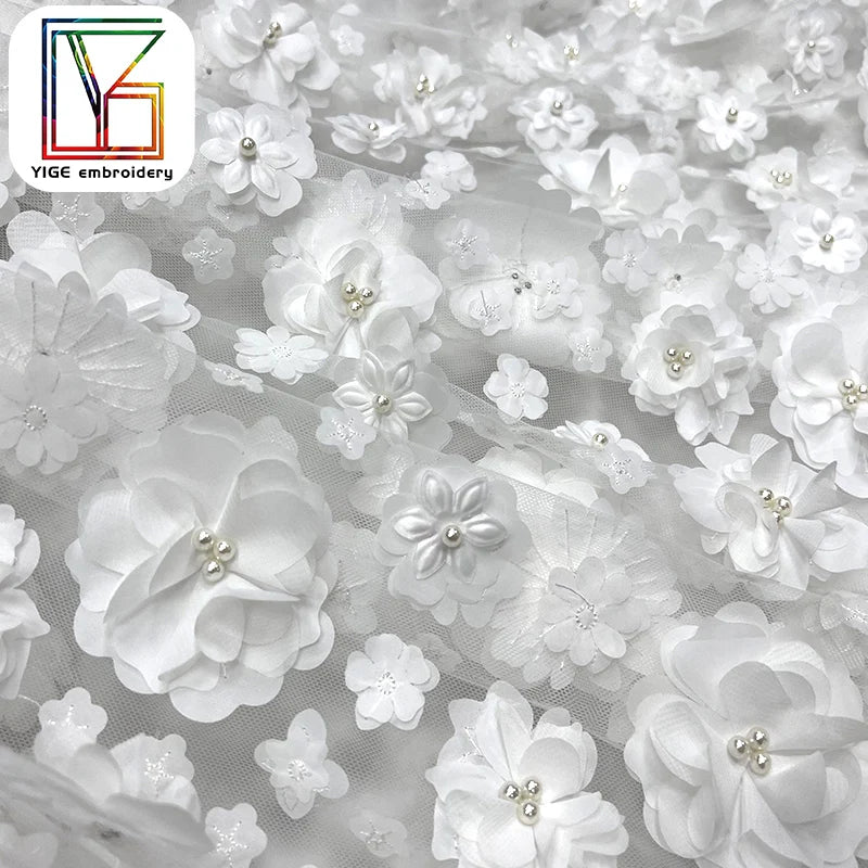 Luxury 3D FLowers Embroidered Tulle Lace Fabric French White Bridal 3D Decal With Pearl Net Lace Fabric