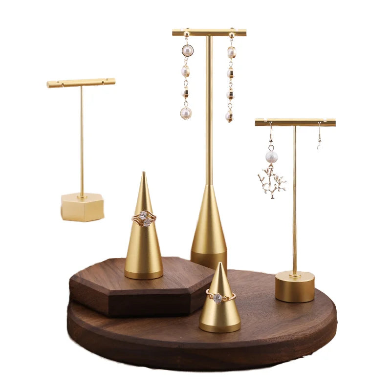 Hot Selling Golden Metal Brass T-Bar Shape Ring Earring Display Stand Jewelry Container Retail Display
