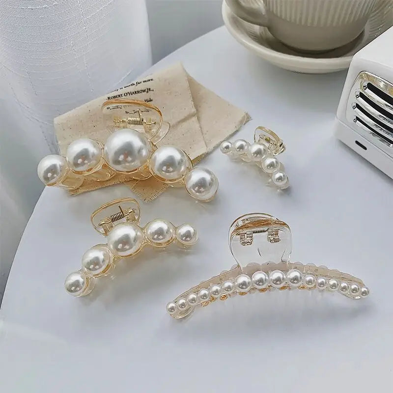 4 Pcs/Set Transparent Plastic Claw Clip with Pearl Decoration Women Girl Elegant Strong Holder Hair Claw Clip