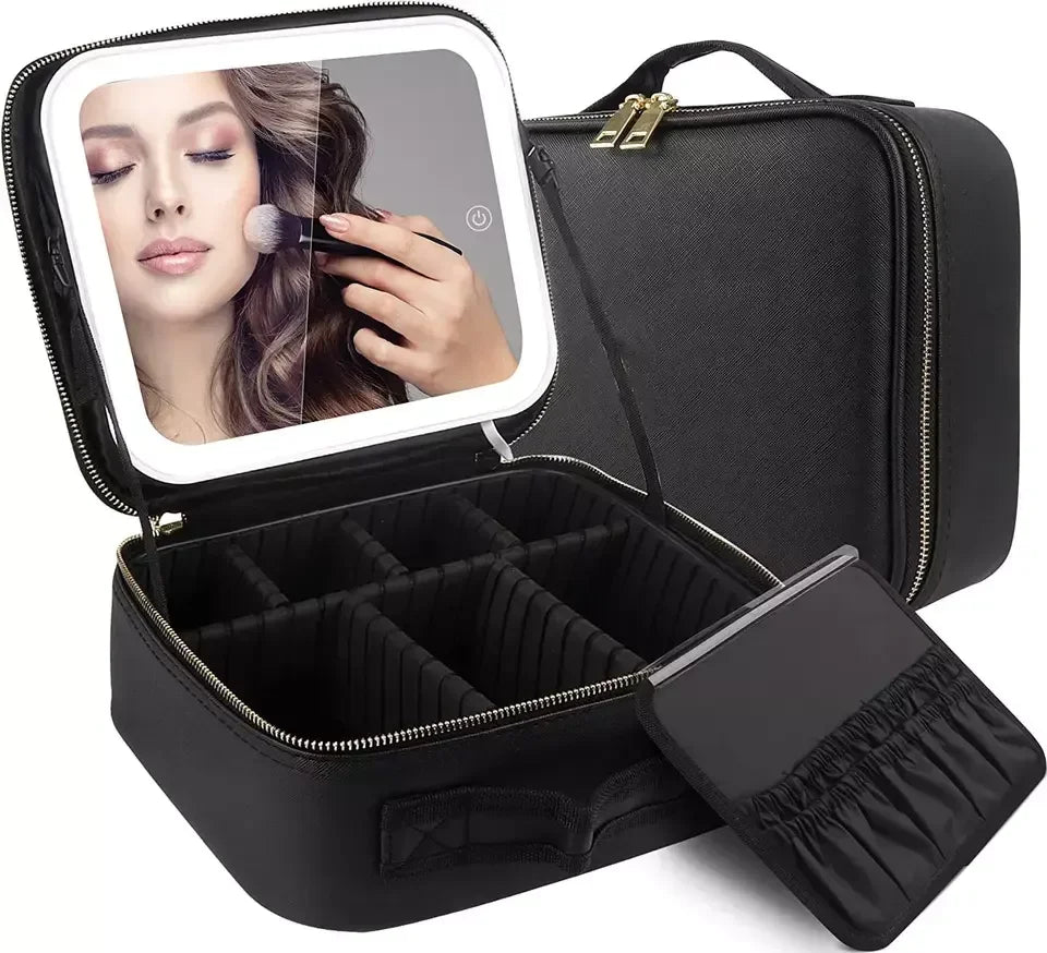 New Arrival Cosmetic Bag With Mirror and Lights Pu Leather Makeup Bag With Full Size Large Mirror Adjustable Led Lights