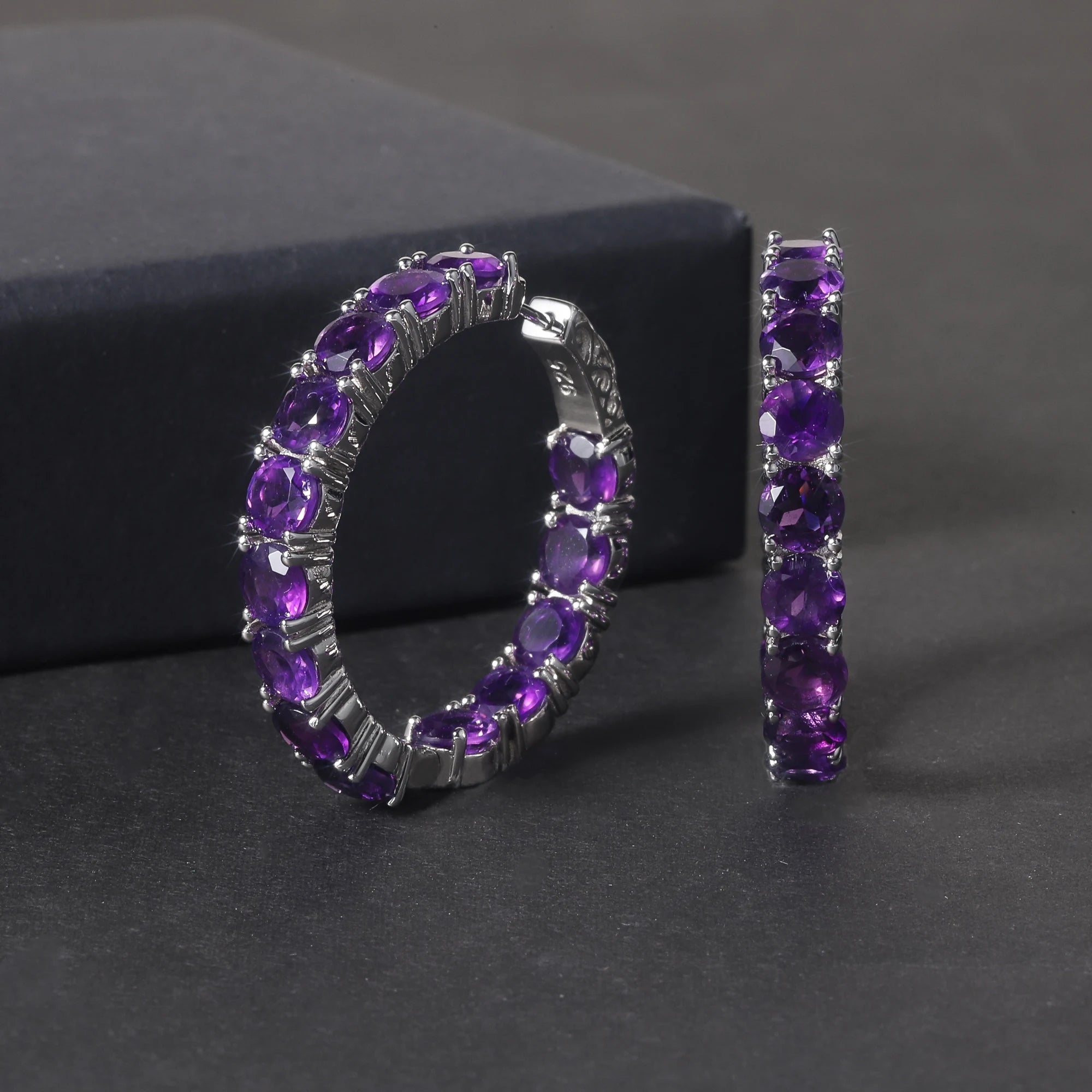 RZ0003 Abiding Fine Jewelry Round 5mm Natural Amethyst Gemstone Women Custom Bling Sterling Silver Hoop Earrings