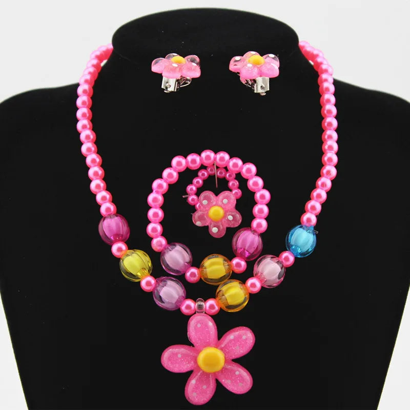 Acrylic Pearl Beads pink and Rose Red Kids Jewelry Girls Christmas Beads Flower Charm Pendant Jewelry Sets for Children