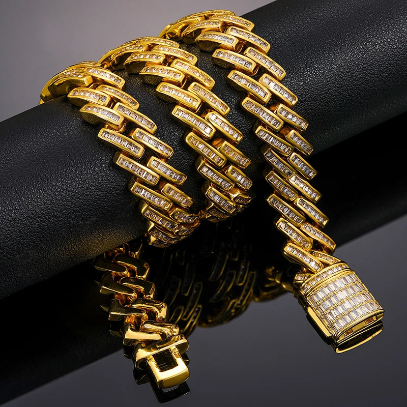 Wholesale Hip Hop Jewelry 14mm Gold Plated Brass Baguette 5A CZ Diamond Miami Cuban Link Chain Necklace