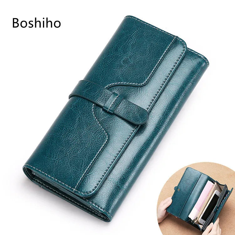Women's Large Capacity Real Leather Clutch Wallets Long Zipper Waxy Cover Anti-Theft Feature Real Leather Credit Card Holder