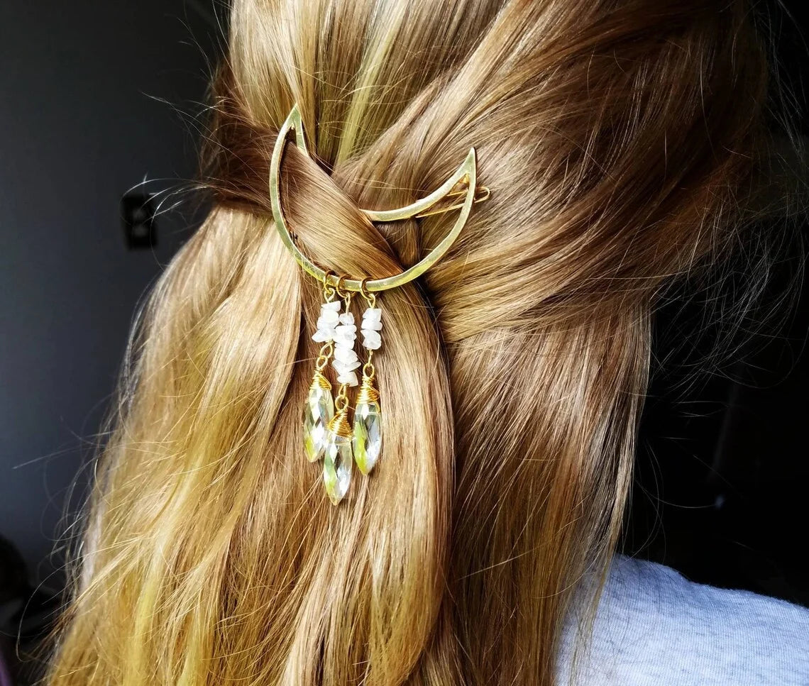 Alloy Moon Healing Crystal Gravel Labradorite Crystal Fringe Hairpin Western Style Bride Children's Festival Hair Accessories