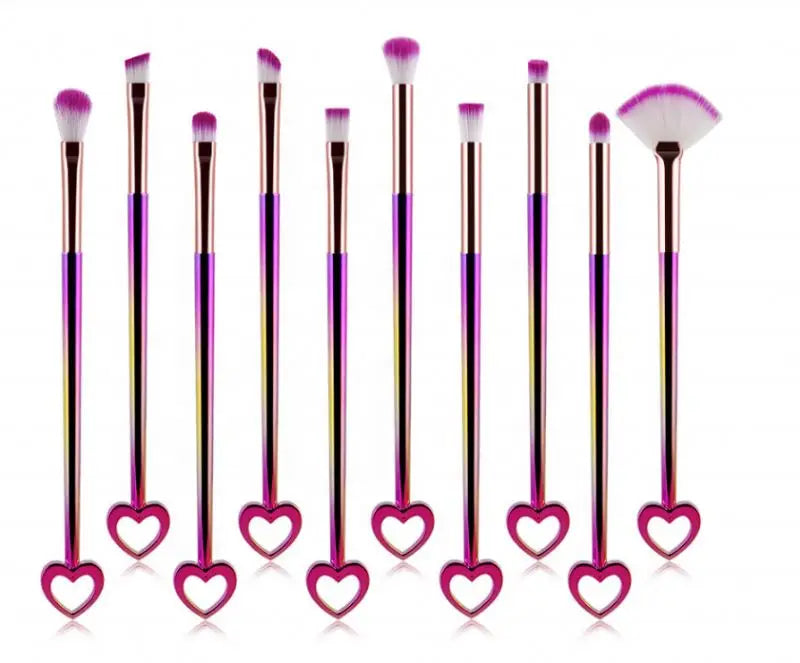 Girls Lovely Heart Gradient Handle Purple Colorful 10 Pcs Powder Eyeshadow Concealer Eyeliner Shaving Brush Nylon Brushes Fan