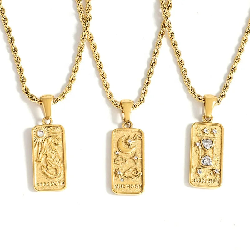 Stainless Steel Square Zircon Pendant Necklaces 18k Gold Plated Twust Rope Chain Heart Sun Star Tiger Tarot Pendant Necklace