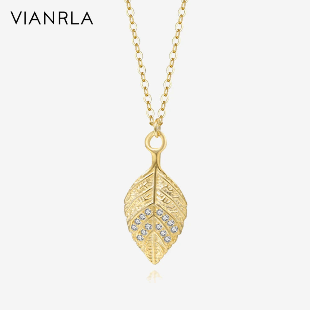 VIANRLA Jewelry Necklace CZ Leaf Shape Pendant 925 Sterling Silver 18k Gold Chain Dainty Jewelry