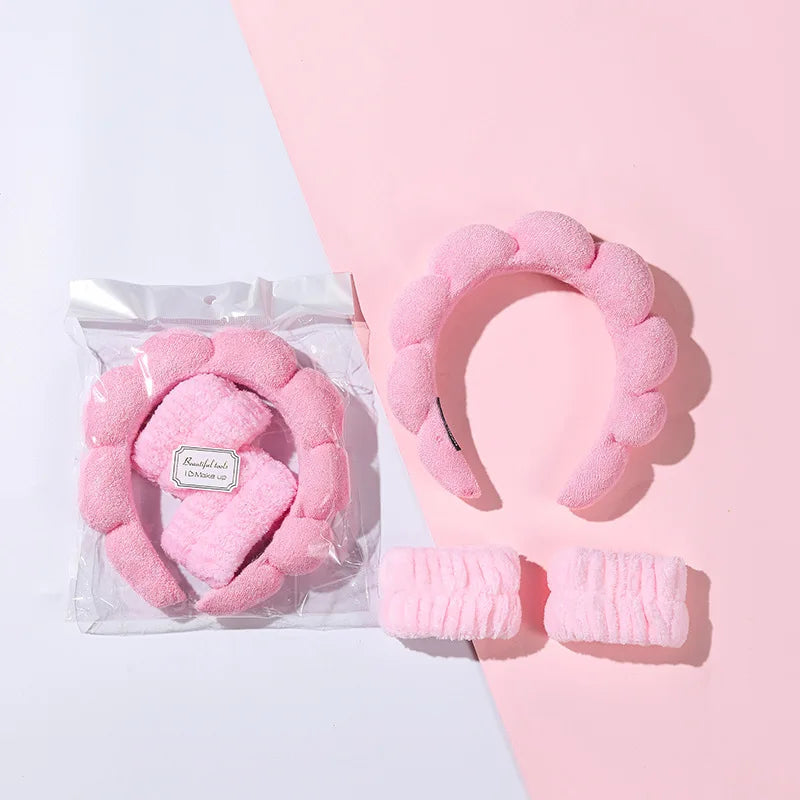 Gmagic Popular Skincare Soft Terry Cloth Women Makeup Hair Band Fashion Pink SPA Headband and Wristband Set for Washing Face