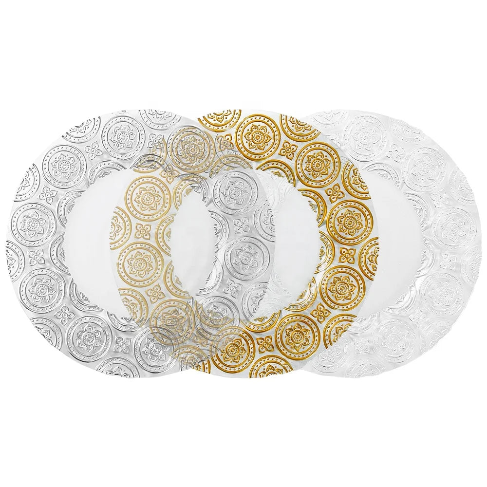 Luxury Custom Eco-Friendly Glass Charger Plates Bulk Wholesale Available Silver Transparent Colors for Dining Weddings Dinners