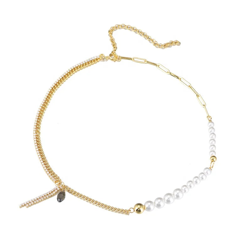 Peishang Femme  Asymmetric Beads Choker Clavicle Chain 18K Gold Plated Brass Splice CZ Link Paper Clip Cuban  Chian Necklace