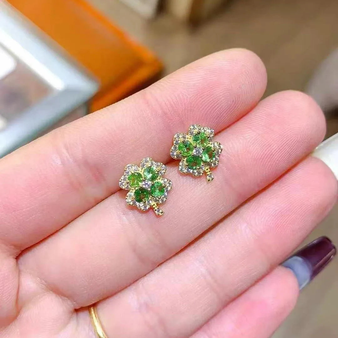 Factory Supply 925 Sterling Silver Natural Tsavorite Gold Vermeil Stud Flower Women Earrings for Anniversary & Party