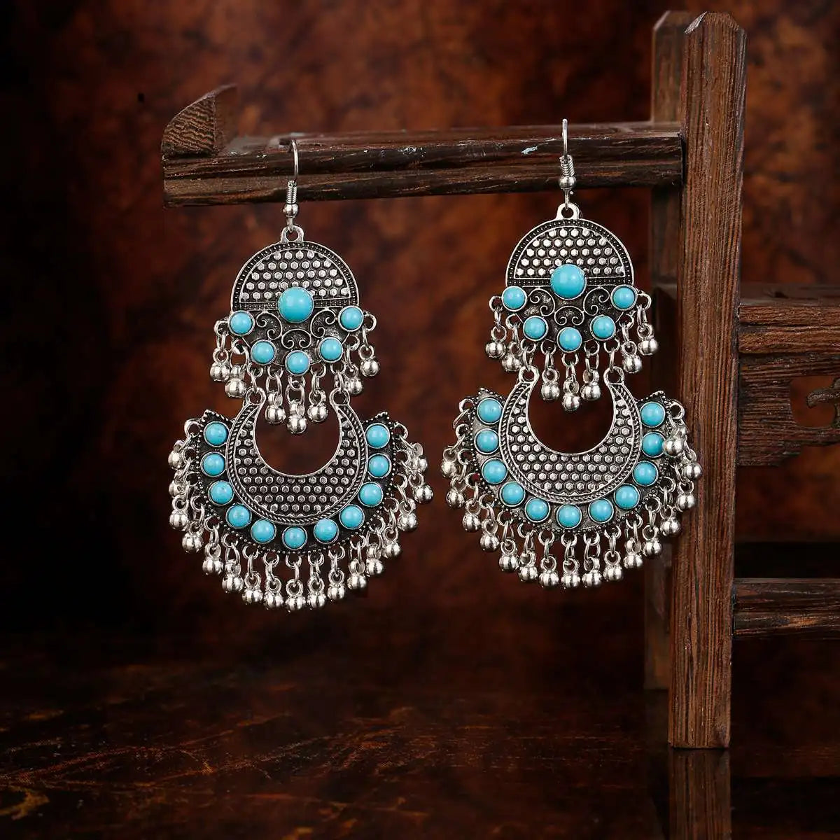 Classic Sector Silver Color Turkish Indian Jhumka Earrings for Women Vintage Turkey Boho Turquoises Beads Tassel Earrings