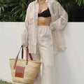 Enyami Custom Logo Resort Co Ords Set Lapel Long Sleeve Shirts Cotton Trouser Suits Elastic Waist Wide Leg Pants 2 Pieces
