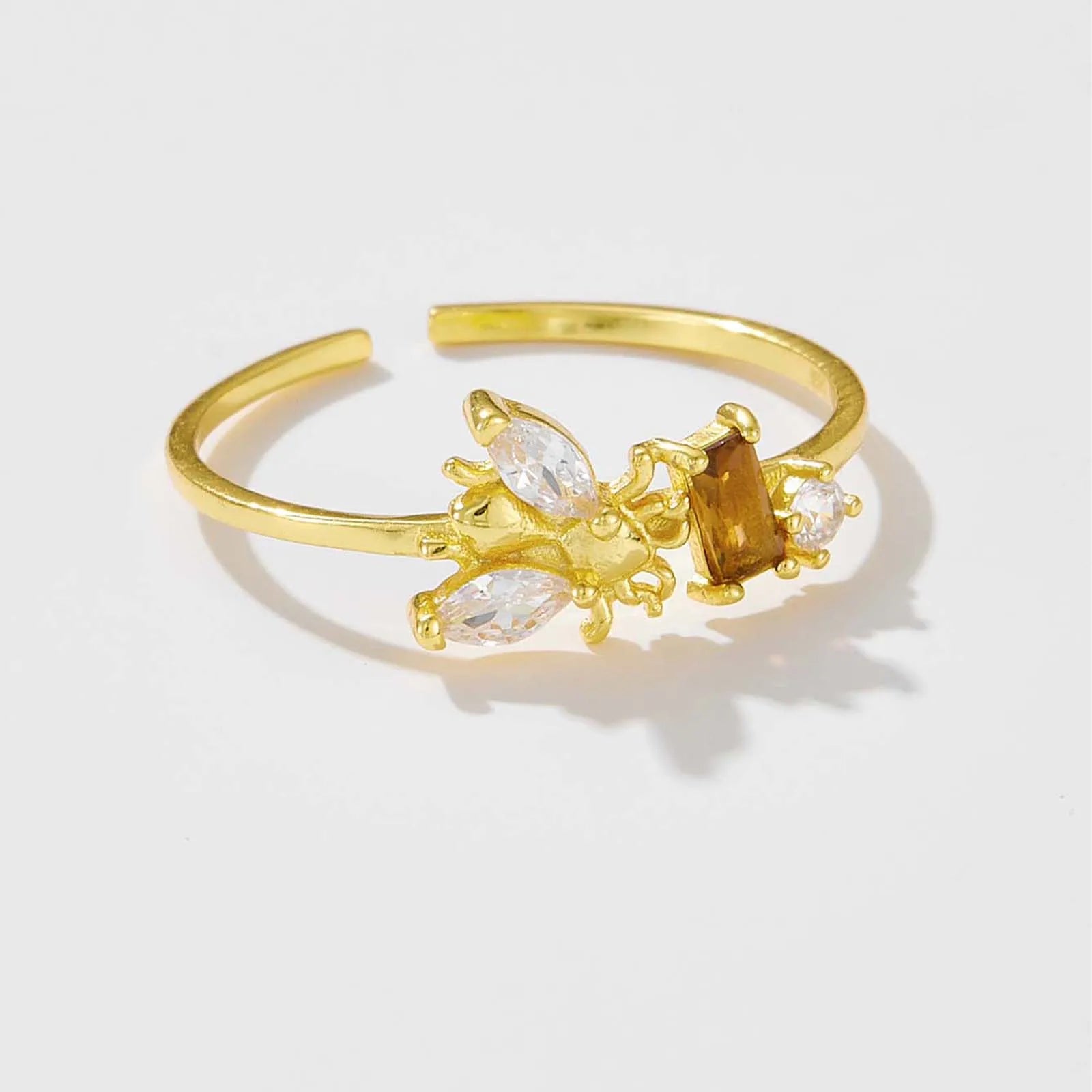 FUAMAY 925 Silver Anime Animal Bee Revery Gold Rings Honey Bee Baguette Diamond Rings Anillos