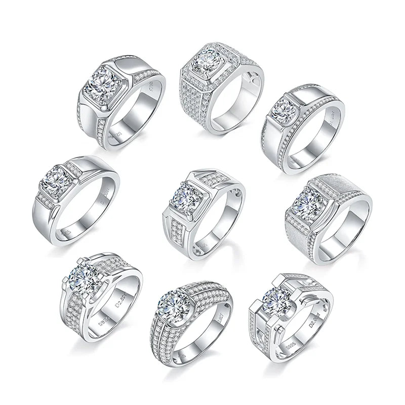 S925 Silver Moissanite Ring 1ct Round Cut  DE Color VVS Moissanite Silver Diamond Band Ring for Men