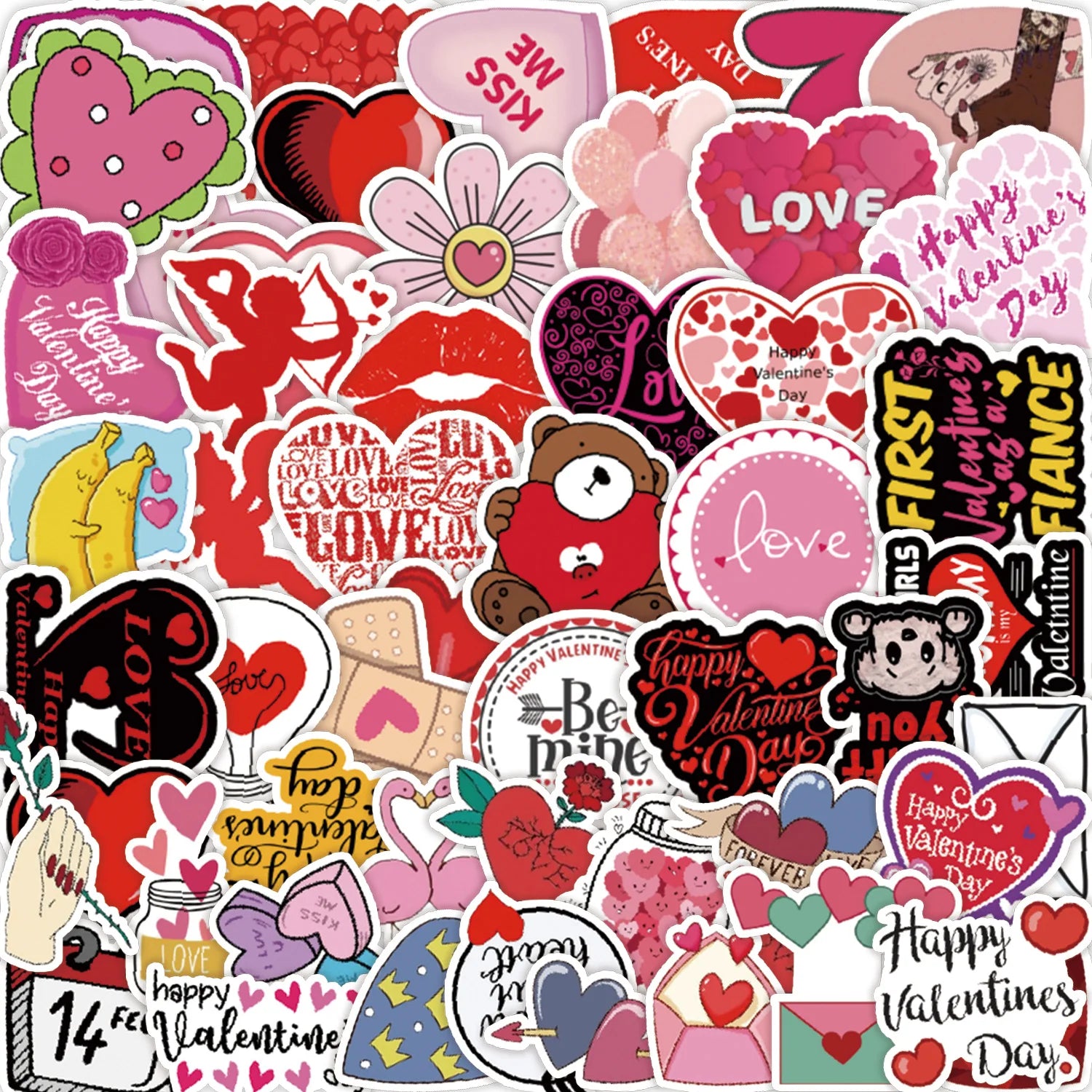 50 Pcs Valentine's Day Graffiti Series PVC Waterproof Stickers for Laptop Skateboard Suitcase Refrigerator Handbag and Books