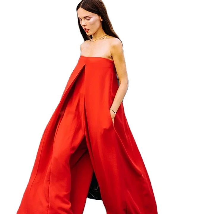 Wholesale 2025 New Arrivals Women Off Shoulder Loose Jumpsuit Hot Sale Fashion Wide-Leg Outfit Red Color Spring Jumpsuits