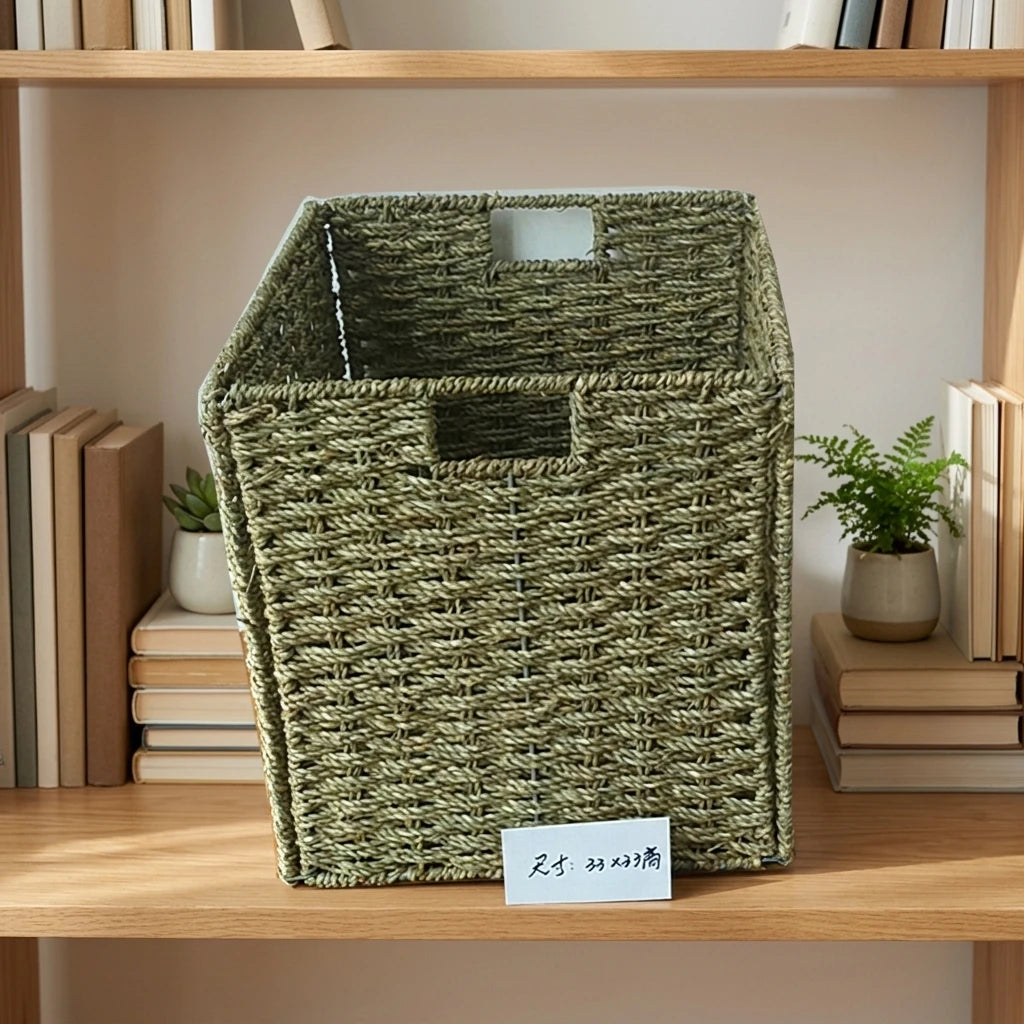 Collapsible Straw Woven Rectangle Storage Baskets with 20-35L Capacity for Rustic Home Organization of Toys and Sundries