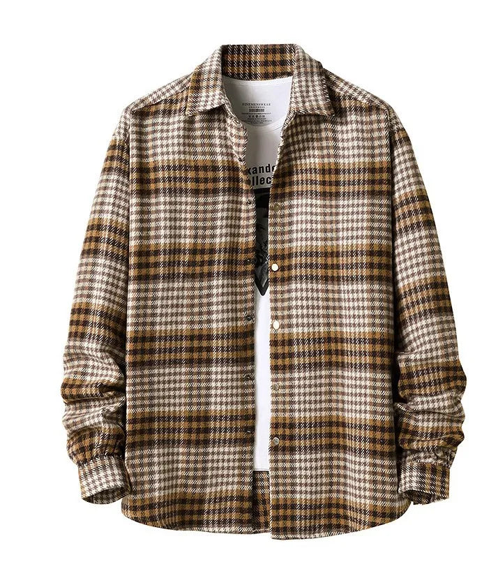 New Men's Flannel Plaid Shirt Fashion Lapel Casual Loose Large Size Long-sleeved Shirt