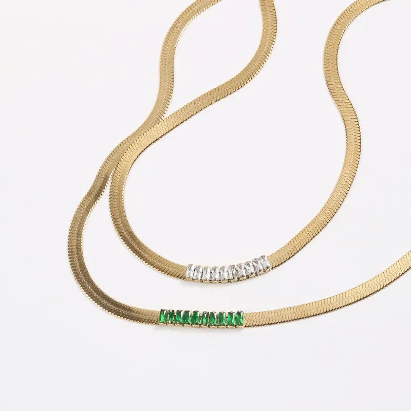 Fenny 18K Gold Plated Wholesale No Fade Simple Boho Green White Baguette Zirconia Snake Choker Chain Stainless Steel Necklace