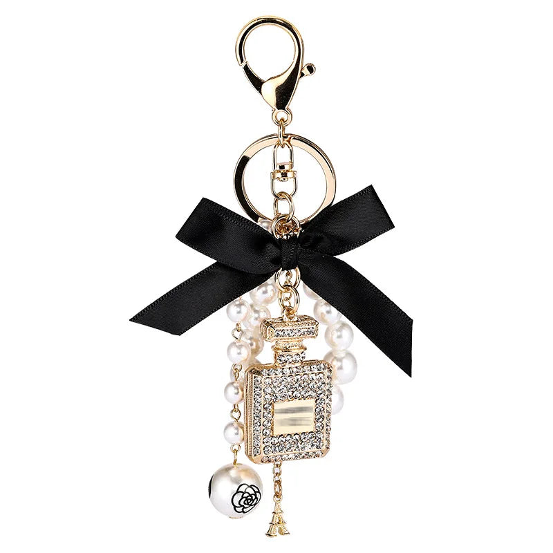 2022 New Creative Handmade Pendant Diamond Perfume Bottle Alloy Keychain Bowknot Pearl Bag Car Key Chain Ornament Accessories