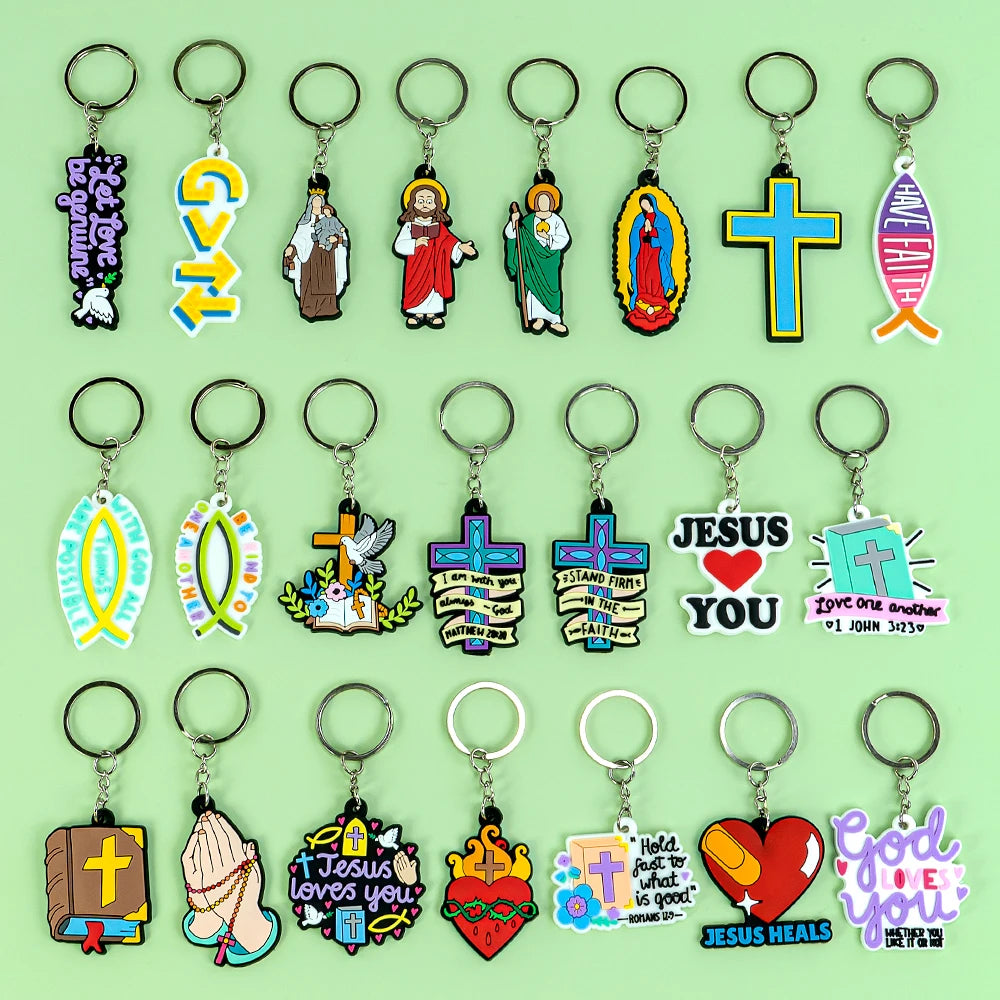 Wholesale Soft PVC Religious Gift Cross Jesus Pendant Stainless Steel Metal Christian Keychain for Church Members Bulk Orders