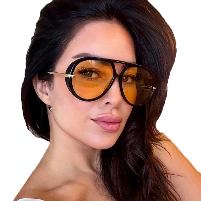 XY8070 Metal Frame Custom Oversized Sun Glasses Vintage Double Bridge Pilot Sunglasses  Women Luxury Brown Lens Beige Shades