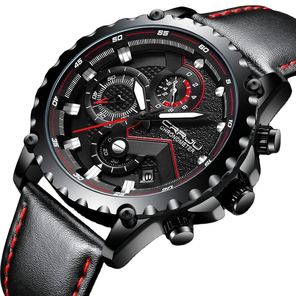 CRRJU 2158 Luxury Men Sport Quartz Watches New Leather Chronograph Automatic Date 43mm 22mm Relogio Masculino for Business