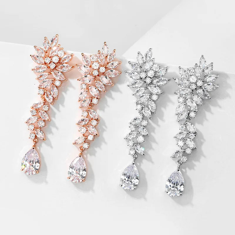 SLBRIDAL Ins Style Fashion CZ Crystal Pearls Girls Drop Earrings Trendy Cubic Zircon Women Earrings Bridal Wedding Drop Earrings